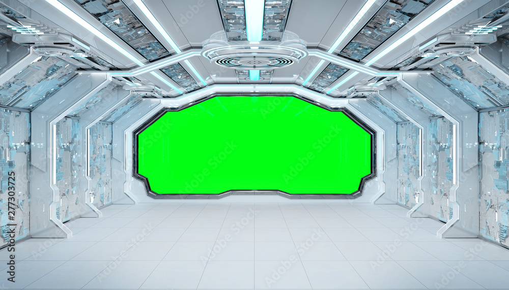 Poster white blue spaceship futuristic interior mockup with window view 3d rendering