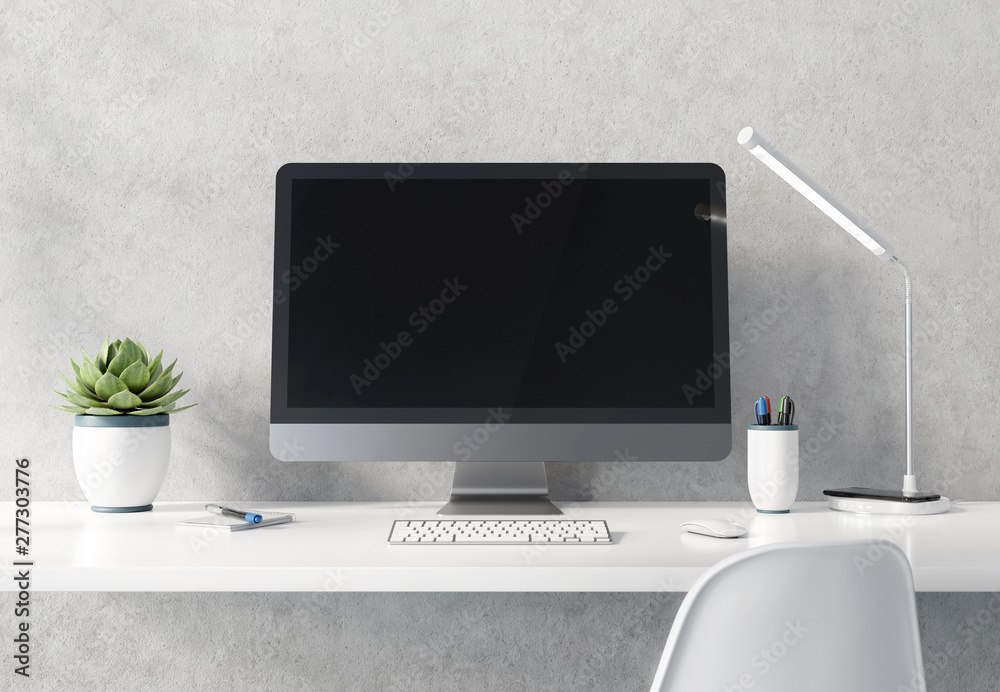 Poster modern black and silver computer on white desktop concrete interior mockup 3d rendering