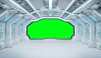 White blue spaceship futuristic interior mockup with window view 3d rendering