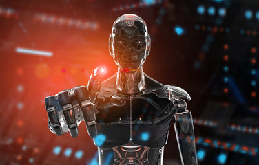 Black and orange intelligent robot cyborg pointing finger on dark 3D rendering