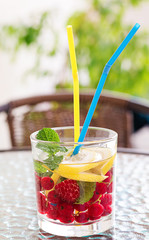 Cool refreshing mojito cocktail with lemon, mint and red currants.
