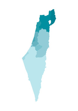 Vector isolated illustration of simplified administrative map of Israel. Borders of the districts (regions). Colorful blue khaki silhouettes. Note: map shown with disputed territories