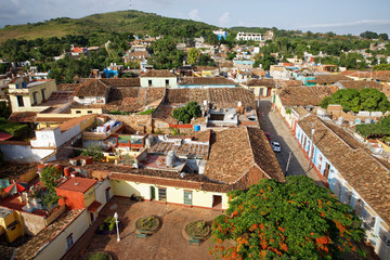 Trinidad, Cuba - July 20, 2018: The roofs of the historic center of Trinidad viewed from the tower of Convento San Francis of Assisi in Cuba