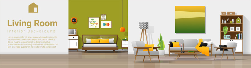 Vintage house interior background with living room and bedroom combination , vector , illustration