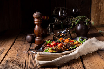 tender beef topped with various vegetables