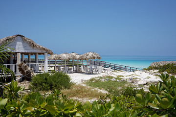 Cayo Santa Maria, Cuba - July 24, 2018: Paradise beach in Cayo Santa Maria, Cuba. View of a perfect desert coast with white sand and blue turquoise sea