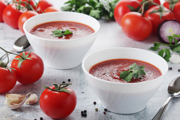 Two plates with gazpacho - traditional Spanish tomato soup