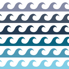 Blue and white seamless wave pattern, line wave ornament in maori tattoo style for fabric, textile, wallpaper. Japan style ornament. - obrazy, fototapety, plakaty
