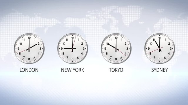 4K Business clock counting down 12 hours over 30 seconds. Stock exchange. News background. Four time zone