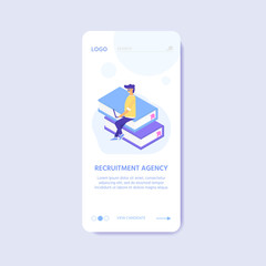 Recruitment agency, concept with characters for  documents, employee hiring, web banner, infographics, landing page. Illustration for recruiting, recruit resources, layout, research. Vector