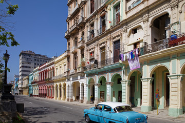 Havana, Cuba - July 30, 2018:  Street scene with traditional colorful buildings in downtown Havana