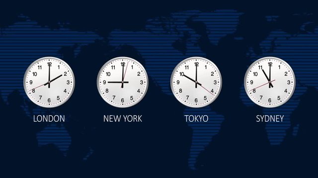 4K Business clock counting down 12 hours over 30 seconds. Stock exchange. News blue background. Four time zone