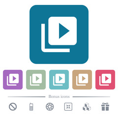 Video library flat icons on color rounded square backgrounds