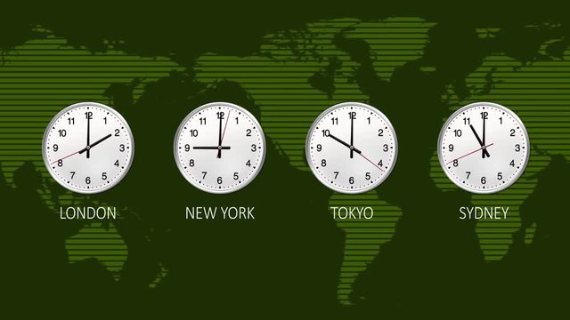 4K Business clock counting down 12 hours over 30 seconds. Stock exchange. News green background. Four time zone