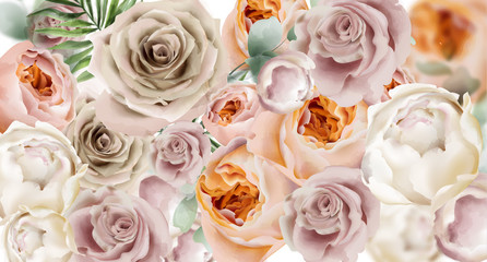 Obraz na płótnie Canvas Roses watercolor Vector banner. Delicate flowers pattern texture. Floral wedding decor backgrounds