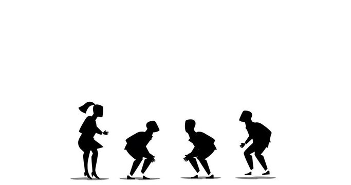 Successof team work, colleagues, friends jumping up in the air. 2d, animation, cartoon, illustration, clip art, vector. Web page sign in black and white. Alpha channel. Time lapse.