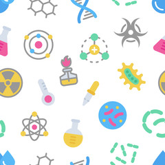 Chemistry science details colorful vector seamless pattern. Pharmacy and chemistry, education and science laboratory elements and equipment
