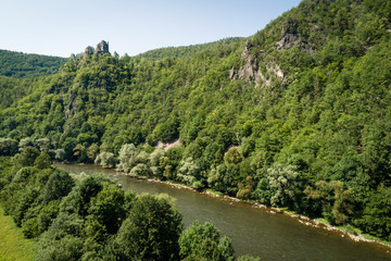 Fototapeta na wymiar Aerial view of ruins of the Old Strecno castle (Starhrad) and Vah river, Slovak republic