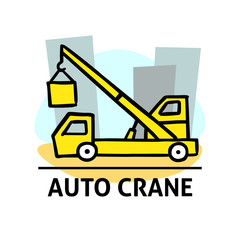 A square vector image of an auto crane on a building. Outline doodle illustration. A cute cartoon design for kids. 