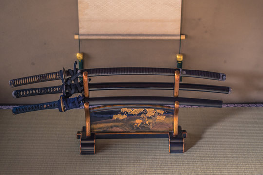 Kyoto - May 29, 2019: Samurai Katana Swords inside a Samurai house in Kyoto, Japan