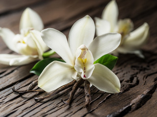 Dried vanilla sticks and vanilla orchid on wooden table.