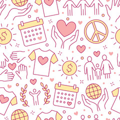 Charity vector seamless pattern with flat line icons. Donation, nonprofit organization, NGO, giving help illustrations. Pink white color background, wallpaper for donating, volunteer community poster