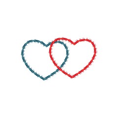 Two heart abstract. Red sign on white background. Romantic silhouette symbol linked, join, love, passion and wedding. Colorful mark of valentine day, card, etc. Design element. Vector illustration.