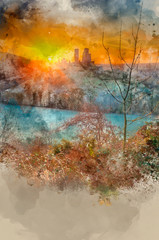 Digital watercolour painting of Corfe Castle Winter sunrise.