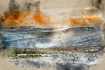 Fototapeta na wymiar Digital watercolour painting of Winter snow landscape over fields with trees and glowing sunset