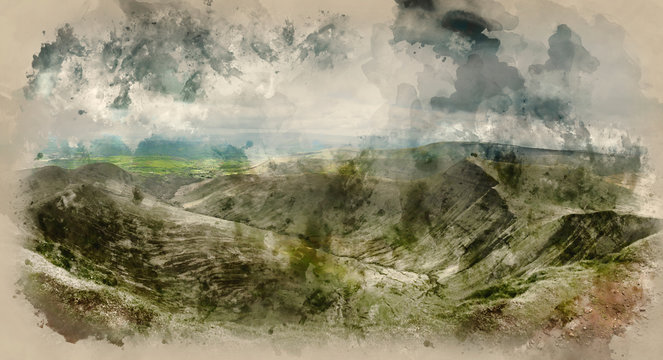 Digital watercolour painting of Landscape view from Pen-y-fan peak in Brecon Beacons.