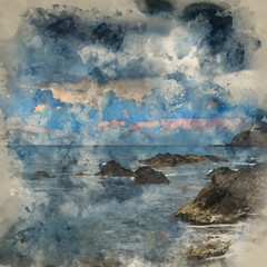 Naklejka na ściany i meble Digital watercolour painting of Stunning landscapedawn sunrise with rocky coastline and long exposure Mediterranean Sea