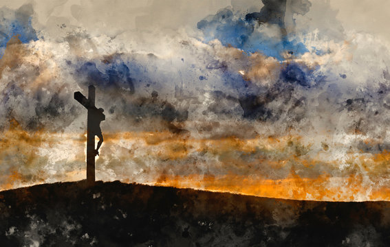 Digital watercolour painting of Jesus Christ Crucifixion on Good Friday Silhouette