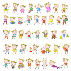 Collection of vector school and kindergarten girls. Princess, pirate, pet shop, fashion, sport, clothes, gardening, cooking.