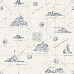 Vector abstract seamless background on the theme of travel, adventure and discovery. Old hand drawn map with islands, lighthouses, sailboats and inscriptions in retro style