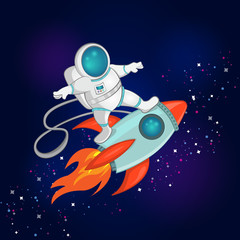 Vector Illustration of little astronaut surfer rides on spaceship through the space. Children's wallpaper in the space style. Prints design.