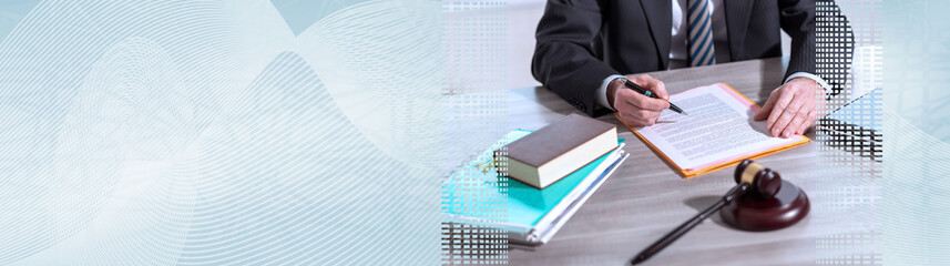 Lawyer reading legal document (lorem ipsum text used); panoramic banner