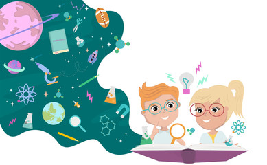 Back to school illustration with pupils and thoughts bubble with different education icons and space with planets. Editable vector illustration