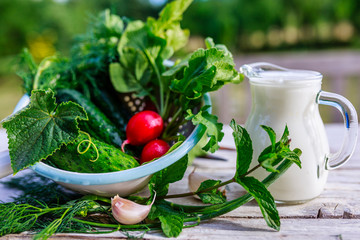 Fresh vegetables and ingredients for cold soup.