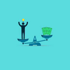 man with a light bulb and money on the scales. A man with a cool idea is better than money. vector symbol