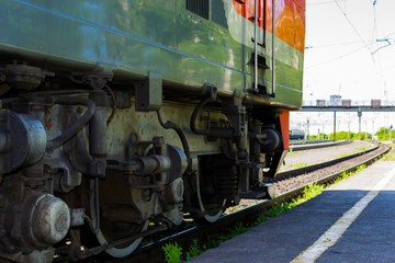 Naklejka premium Summer.Locomotive goes on rails. Russian train. Russian railway.