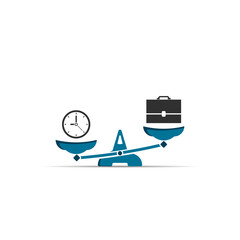 Time and work on scales icon. Clock and Bag. Job and time balance on scale. Vector symbol