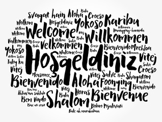 Hosgeldiniz (Welcome in Turkish) word cloud in different languages, conceptual background