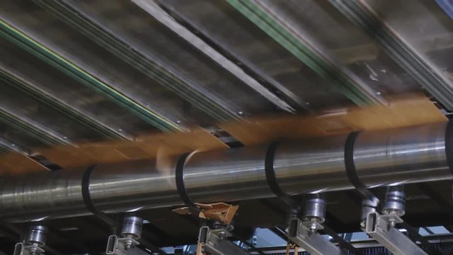 machine cuts cardboard for boxes in production workshop