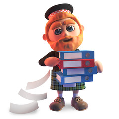 Cartoon Scottish man in traditional kilt drops files from his folders, 3d illustration