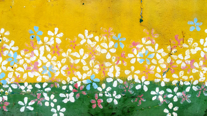 A ruined house in the street with colorful wall, a retro cityscape image for background, vintage,...