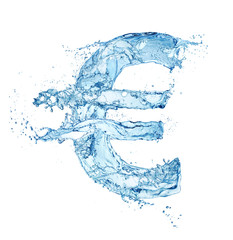 euro currency sign made of water splash isolated on white background
