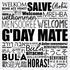 G'day Mate (Welcome in Australian) word cloud in different languages, conceptual background