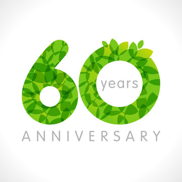 60 th anniversary numbers. 60 years old logotype. Age congrats, congratulation idea with leaves. Isolated abstract graphic design template. Herbal digits, up to 60% percent off discount. Eco label.