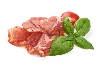 Italian prosciutto crudo or jamon, smoked ham, close-up, isolated on white background