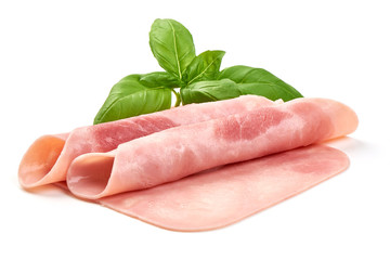 Sliced boiled ham, close-up, isolated on white background